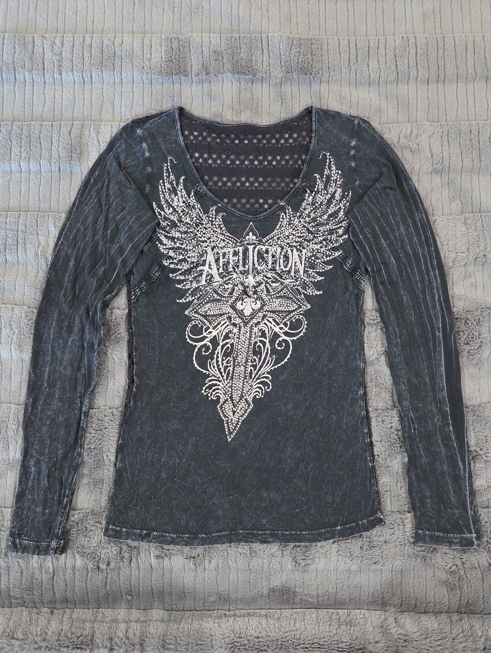 Affliction Women's Black Distressed Long-Sleeve Tee with White Wing Graphic